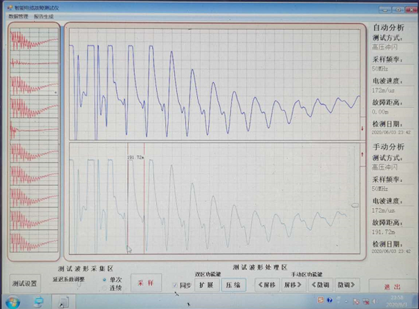 用冲闪法测试C相故障波形判断故障点在190米位置如下图
